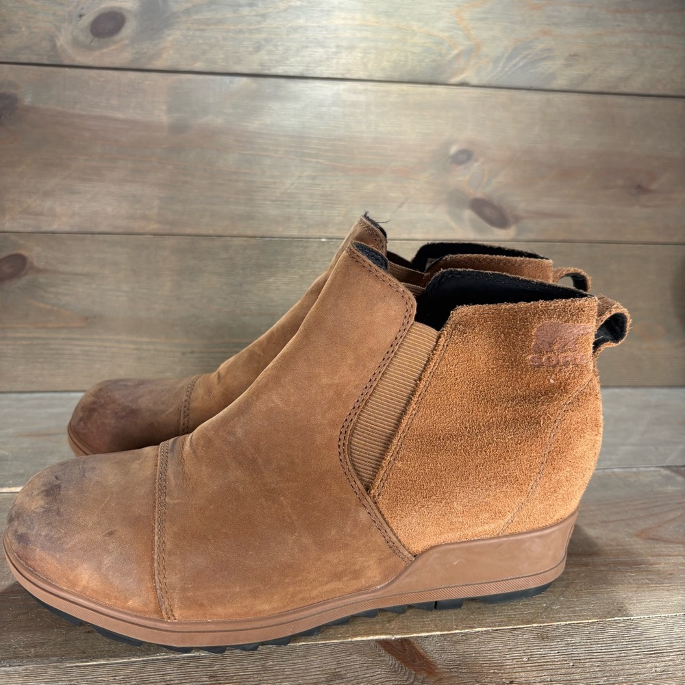 sorel evie II womens size 9.5 shoes brown leather slip on wedge chelsea boots